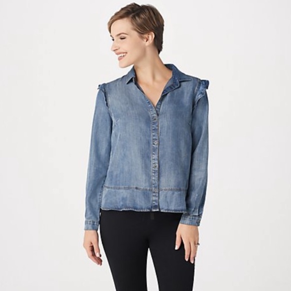 Side Stitch $135 Peplum Ruffle Button Front Top